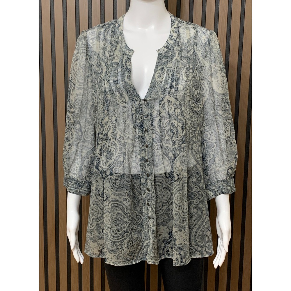 Joie Blue Paisley 100% Silk Sheer V-Neck Button Front Blouse Top Large Women's